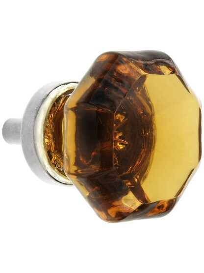 Amber Octagonal Glass Knob with Brass Base 1 3/8-Inch Diameter in Polished Nickel.